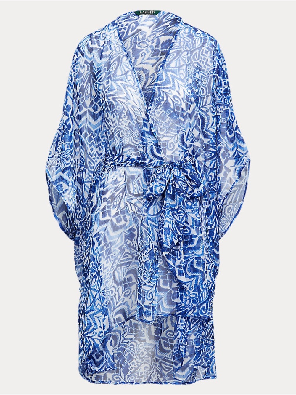 Lauren Ralph Lauren Blue & White Chiffon Sheer Kimono Cover Up Duster | S/M